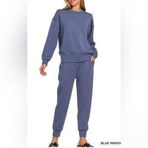 Zenana Scuba Sweatshirt and Joggers Set in Blue Indigo